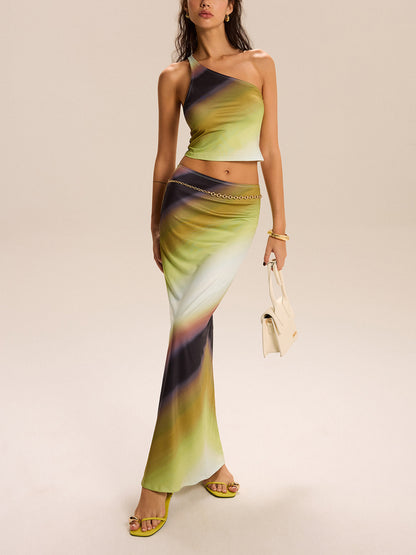 Degrade Desenli Tek Omuz Etek Takımı