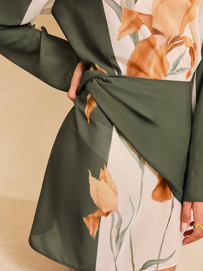 Çiçek Desenli Uzun Kollu Kruvaze Elbise