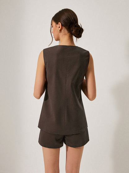 Dekoratif Cepli Pamuk ve Keten Karışımlı Şort Takımı