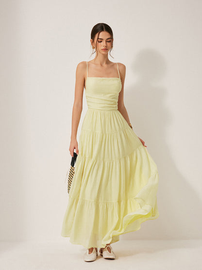 Pileli, Sırtı Açık Kat Kat Askılı Elbise