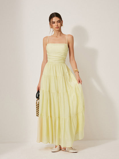 Pileli, Sırtı Açık Kat Kat Askılı Elbise