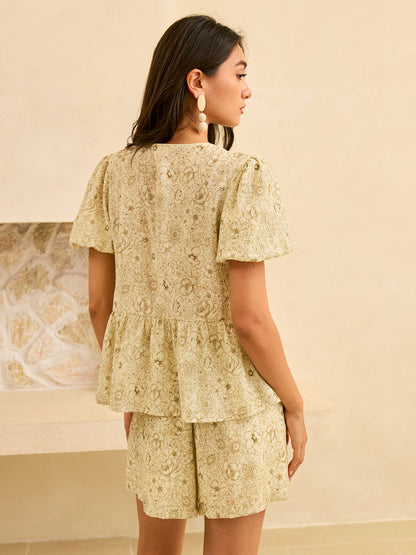 Çiçek Desenli Puf Kollu Peplum Önden Bağcıklı Bluz