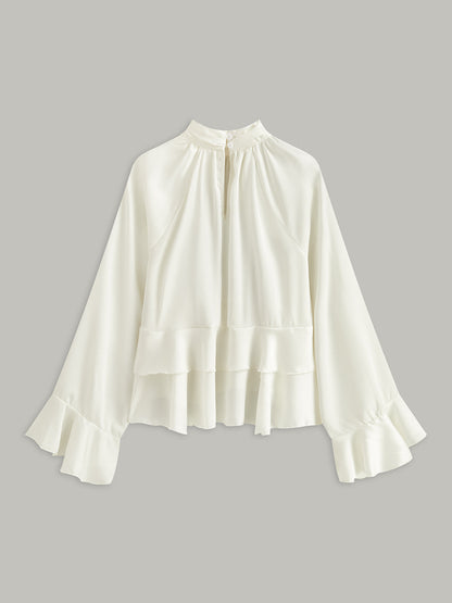 Dik Yaka Düğmeli Volanlı Peplum Bluz
