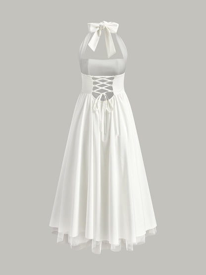 Halter Yaka Sırtı Açık Fermuarlı Kolsuz Elbise