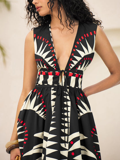 Geometrik Desenli V Yaka Belden Bağlamalı Fermuarlı Kolsuz Elbise