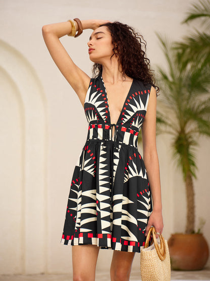 Geometrik Desenli V Yaka Belden Bağlamalı Fermuarlı Kolsuz Elbise