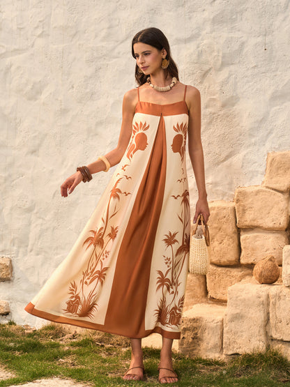 Kontrast Panelli Bohem Baskılı Askılı Elbise