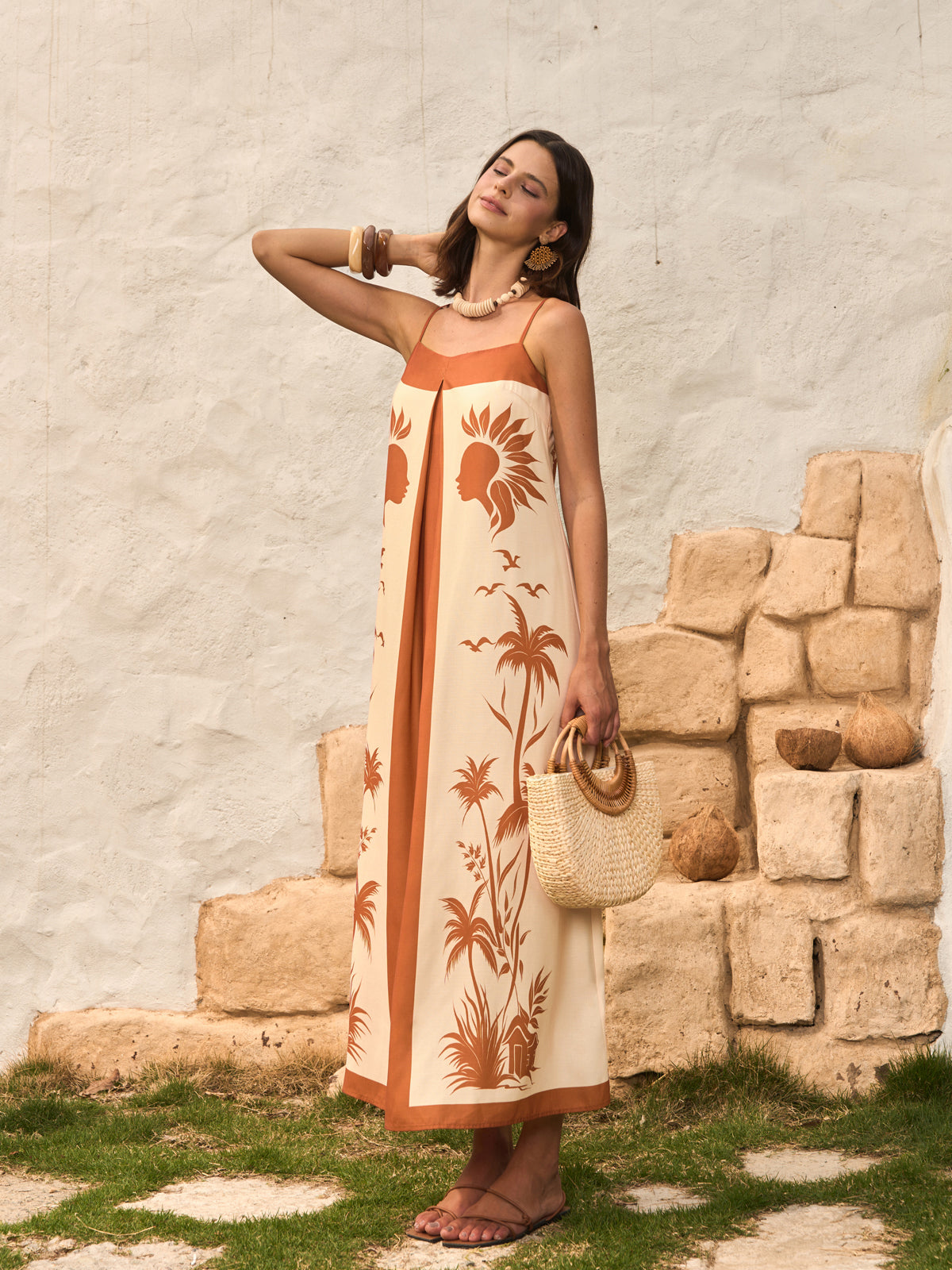 Kontrast Panelli Bohem Baskılı Askılı Elbise