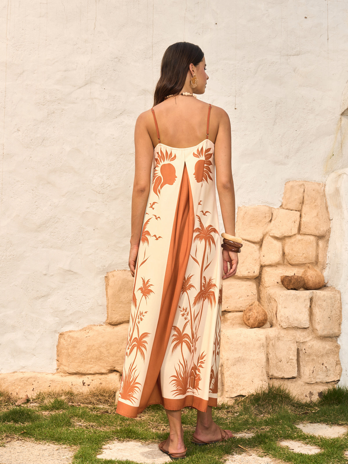 Kontrast Panelli Bohem Baskılı Askılı Elbise