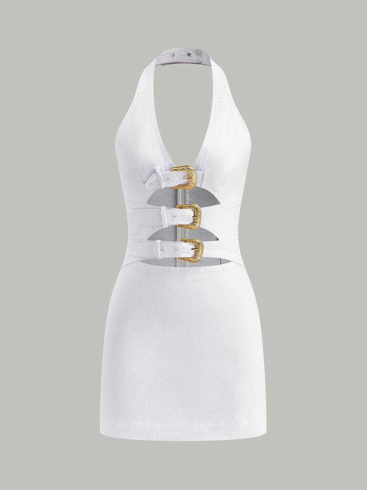 Halter Yaka Tokalı Detaylı Kot Elbise