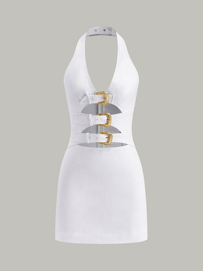 Halter Yaka Tokalı Detaylı Kot Elbise