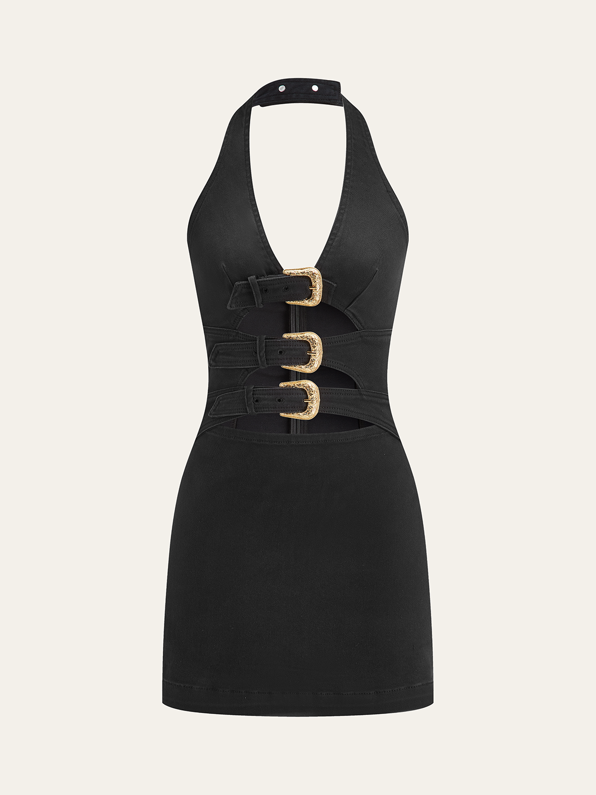 Halter Yaka Tokalı Detaylı Kot Elbise