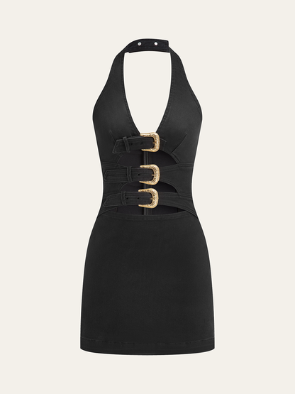 Halter Yaka Tokalı Detaylı Kot Elbise