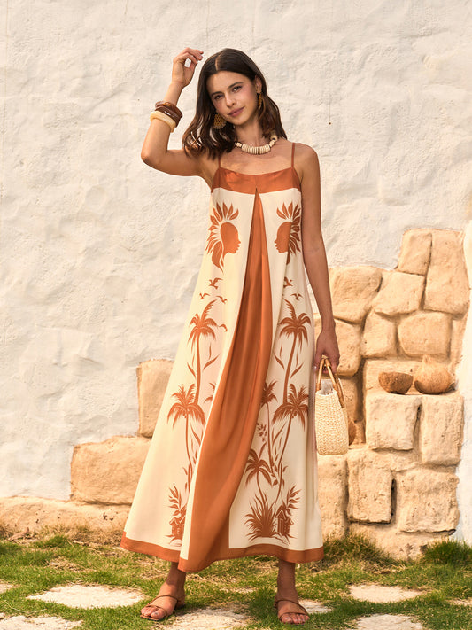 Kontrast Panelli Bohem Baskılı Askılı Elbise