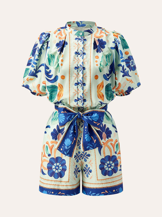 Çiçek Desenli Bel Bağlamalı Tulum