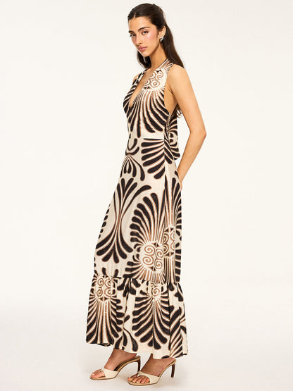 Desenli Halter Yaka Sırtı Açık Maxi Elbise