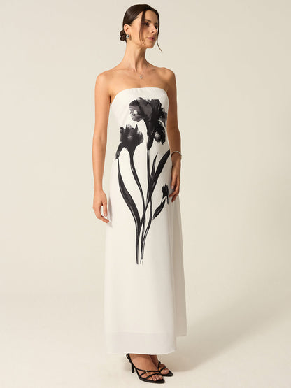Askısız Çiçek Desenli Maxi Elbise
