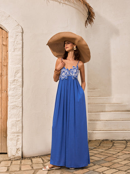 Pamuk ve Keten Karışımlı Çiçek Detaylı Cepli Askılı Elbise