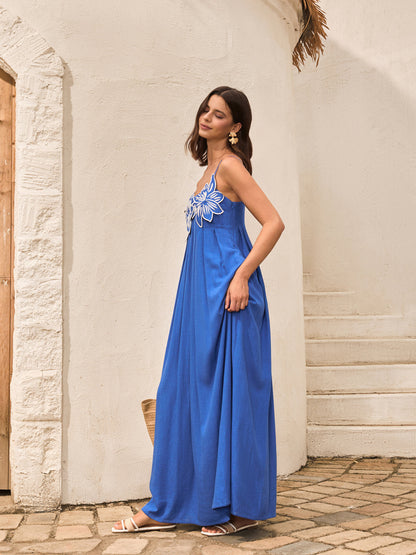 Pamuk ve Keten Karışımlı Çiçek Detaylı Cepli Askılı Elbise