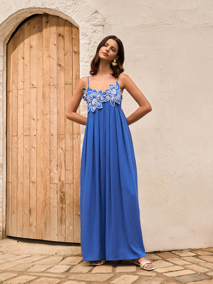 Pamuk ve Keten Karışımlı Çiçek Detaylı Cepli Askılı Elbise