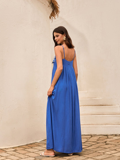 Pamuk ve Keten Karışımlı Çiçek Detaylı Cepli Askılı Elbise