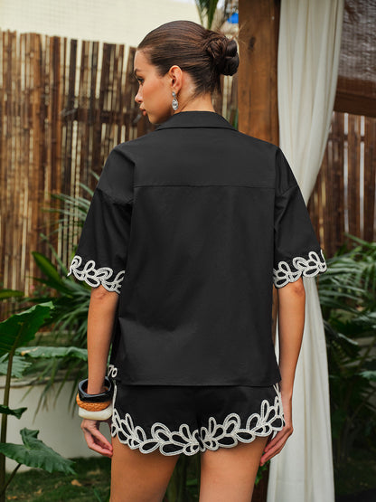 Nakış Detaylı Üç Parçalı Şort Takım