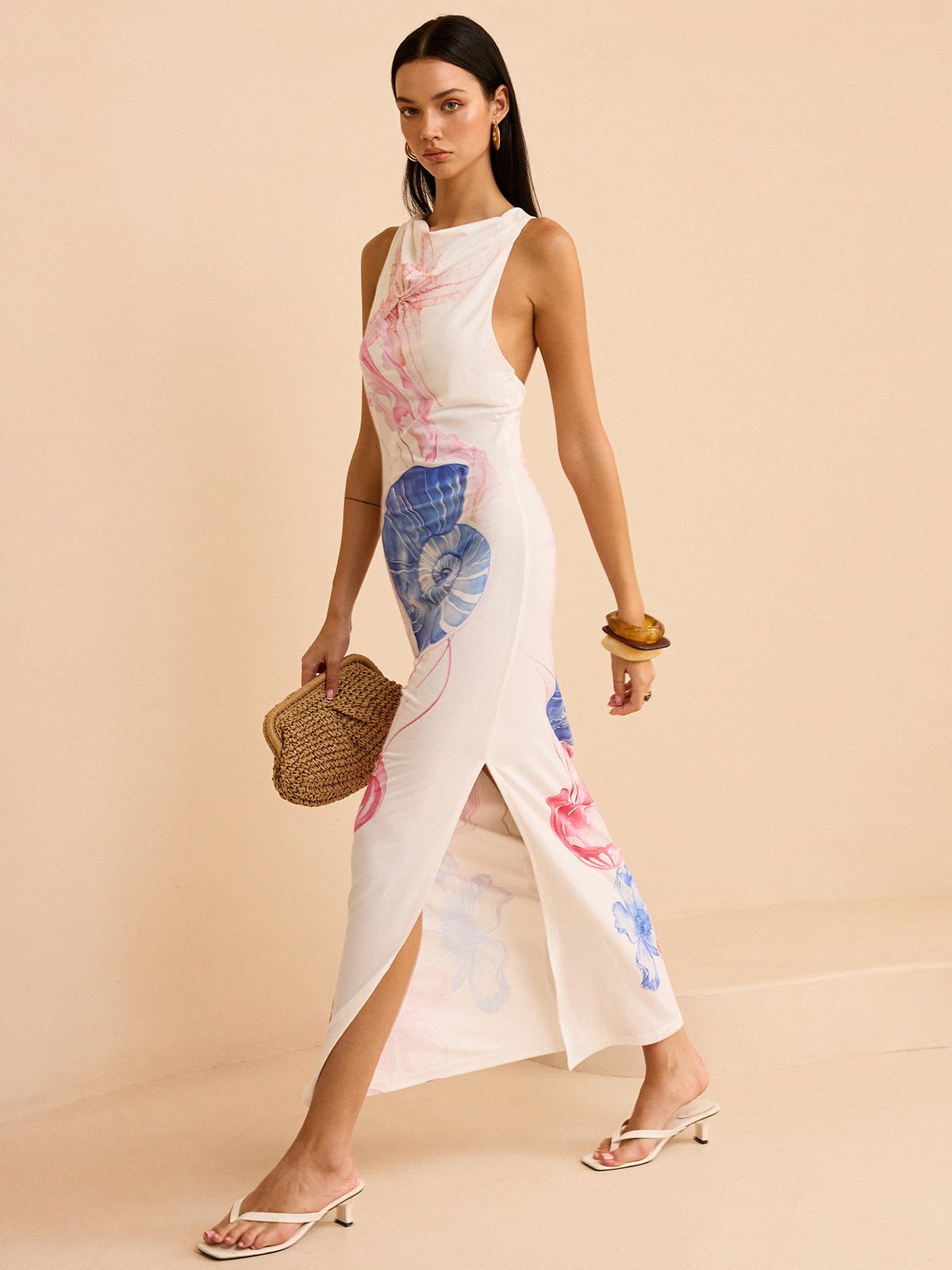 Yarı Şeffaf Okyanus Desenli Yırtmaçlı Maxi Elbise