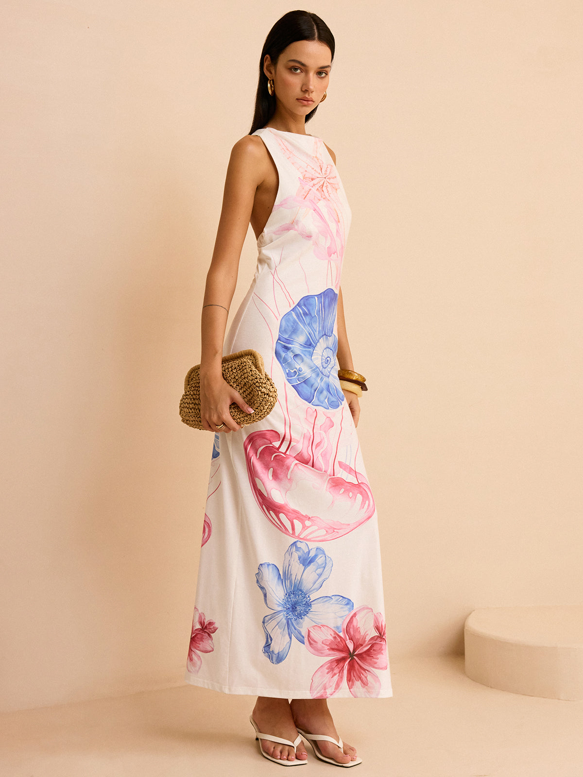 Yarı Şeffaf Okyanus Desenli Yırtmaçlı Maxi Elbise