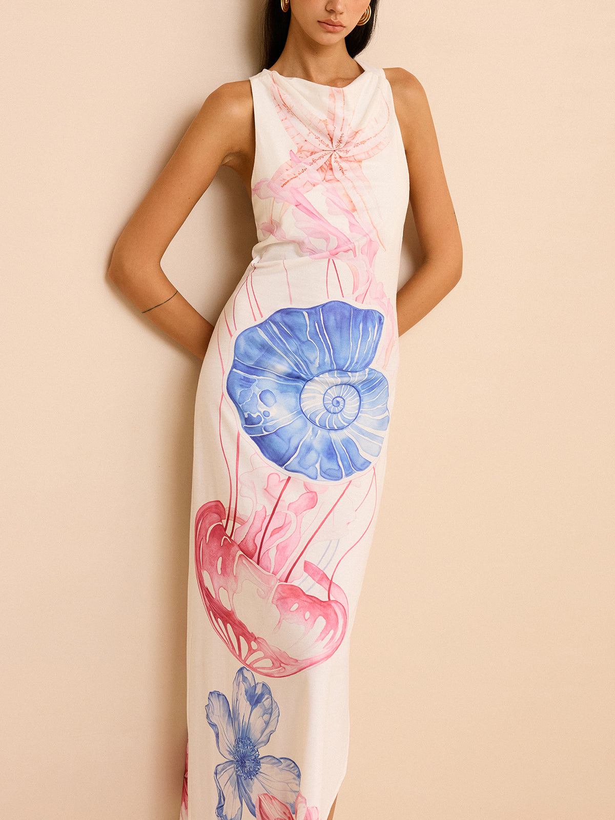 Yarı Şeffaf Okyanus Desenli Yırtmaçlı Maxi Elbise