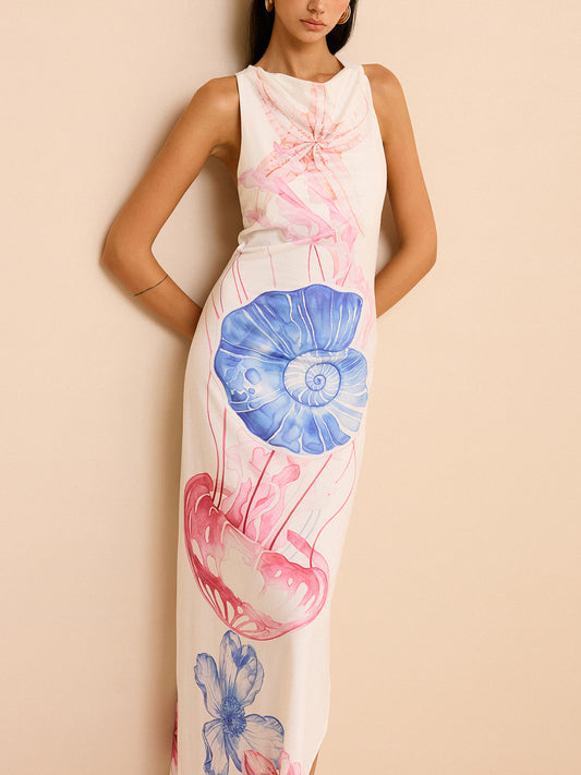 Yarı Şeffaf Okyanus Desenli Yırtmaçlı Maxi Elbise