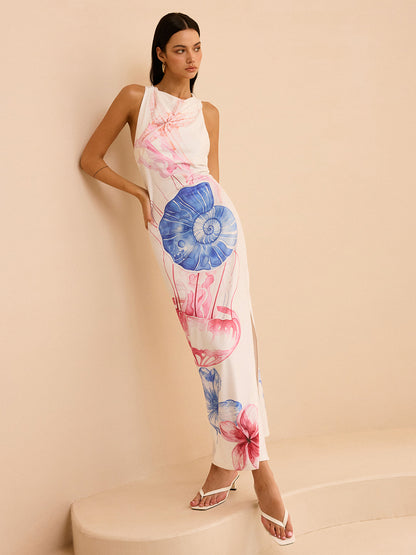Yarı Şeffaf Okyanus Desenli Yırtmaçlı Maxi Elbise