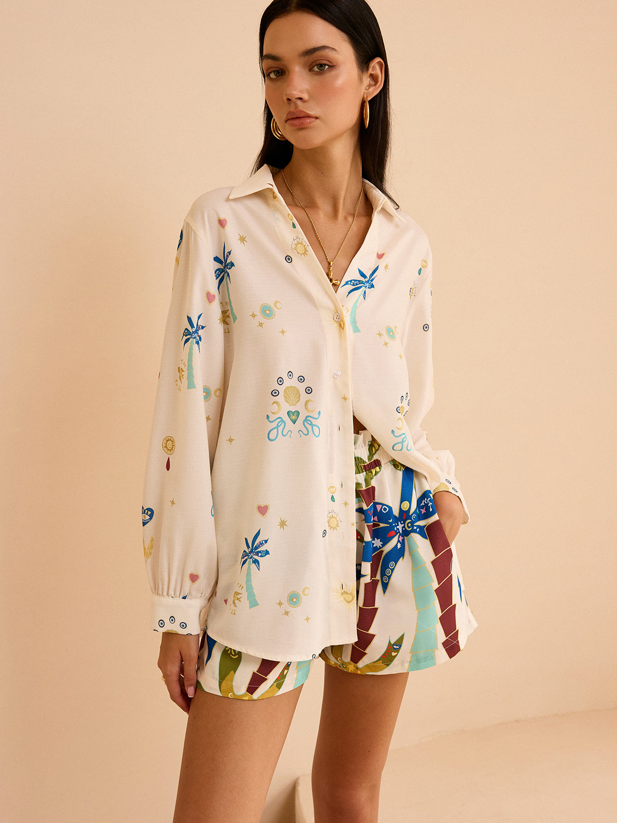 Tropikal Desenli Şort Takımı