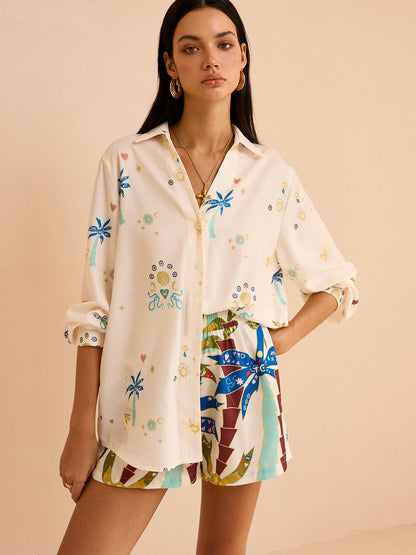 Tropikal Desenli Şort Takımı