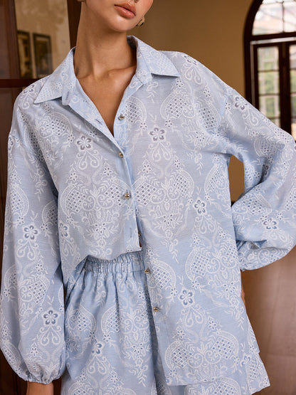 Dokulu Nakışlı Kumaş Şort Takımı