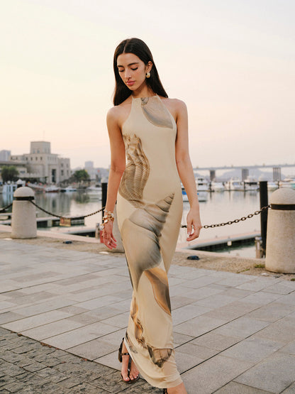 File Kumaş Halter Yaka Sırt Dekolteli Elbise