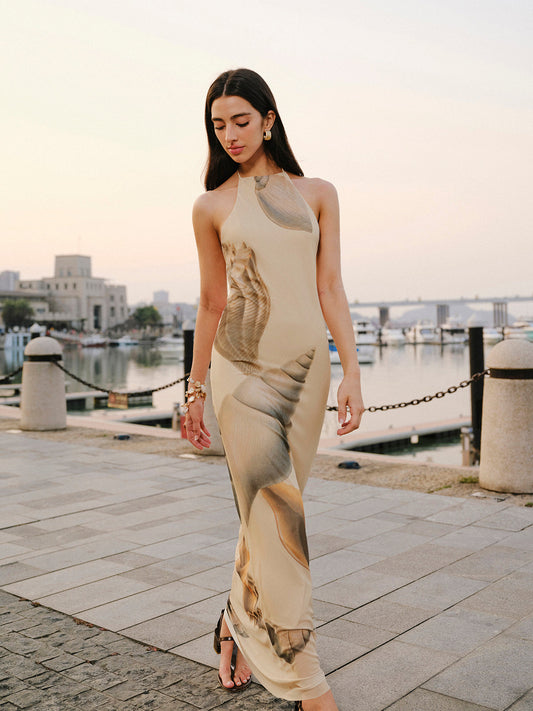 File Kumaş Halter Yaka Sırt Dekolteli Elbise