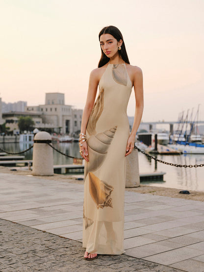 File Kumaş Halter Yaka Sırt Dekolteli Elbise