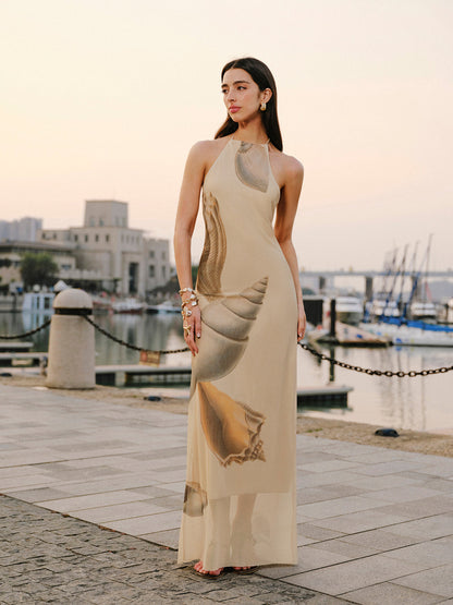 File Kumaş Halter Yaka Sırt Dekolteli Elbise