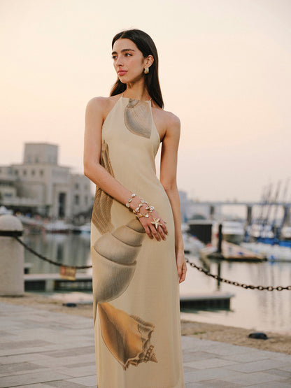 File Kumaş Halter Yaka Sırt Dekolteli Elbise