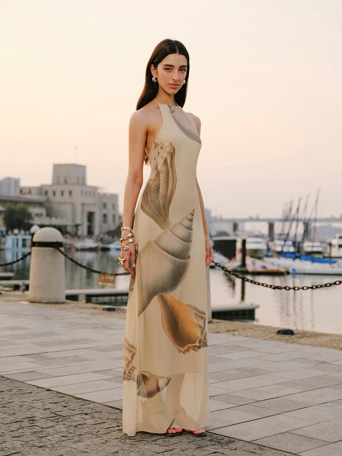 File Kumaş Halter Yaka Sırt Dekolteli Elbise