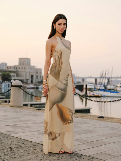 File Kumaş Halter Yaka Sırt Dekolteli Elbise