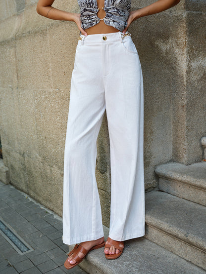 Metal Aksesuarlı Bol Paça Pantolon