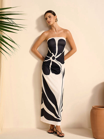 Yarı Şeffaf Straplez Çiçek Desenli Elbise