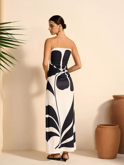 Yarı Şeffaf Straplez Çiçek Desenli Elbise