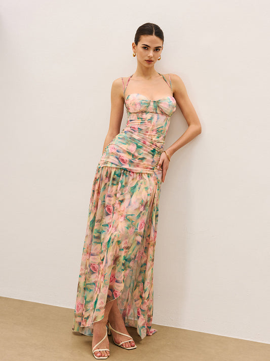 Çiçek Desenli Büzgülü Yüksek Yırtmaçlı Askılı Elbise