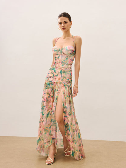 Çiçek Desenli Büzgülü Yüksek Yırtmaçlı Askılı Elbise