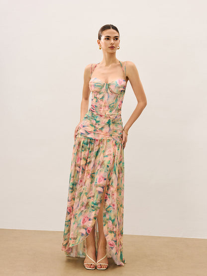 Çiçek Desenli Büzgülü Yüksek Yırtmaçlı Askılı Elbise