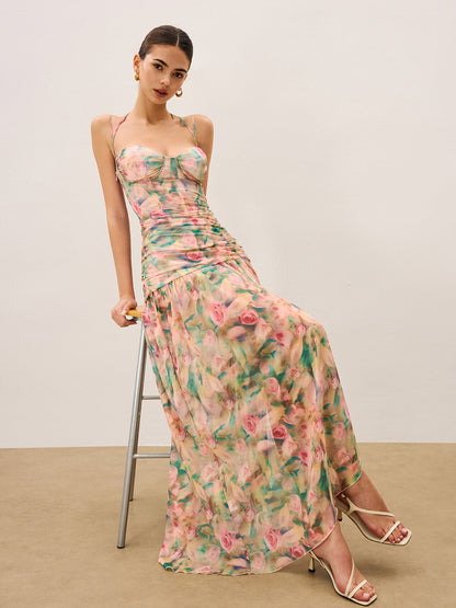 Çiçek Desenli Büzgülü Yüksek Yırtmaçlı Askılı Elbise