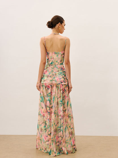 Çiçek Desenli Büzgülü Yüksek Yırtmaçlı Askılı Elbise