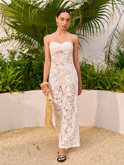 Şeffaf Jakarlı Dantel Panelli Straplez Elbise